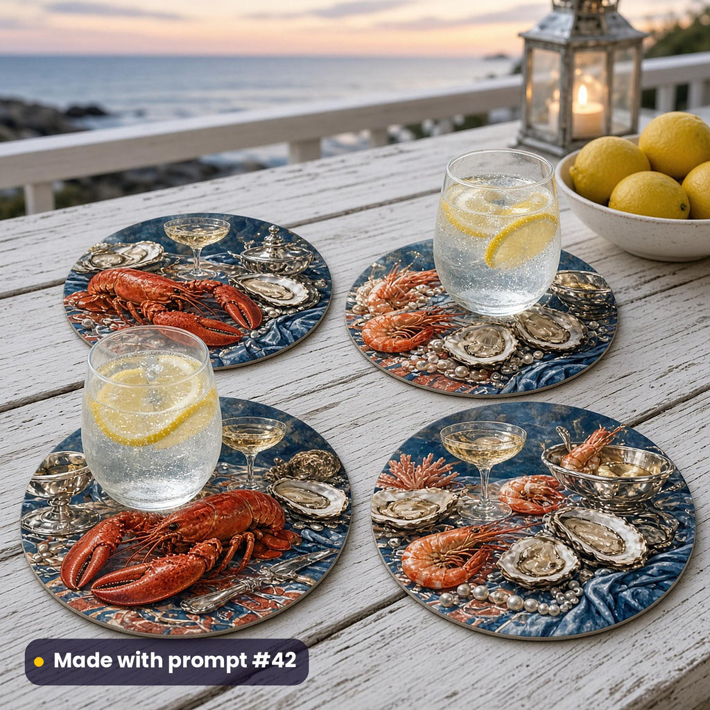 Four round coasters printed with lobster, prawns, oysters, champagne coupes and silver serving dishes on deep blue, with sparkling water and lemon on a whitewashed veranda table at sunset, made with prompt #42
