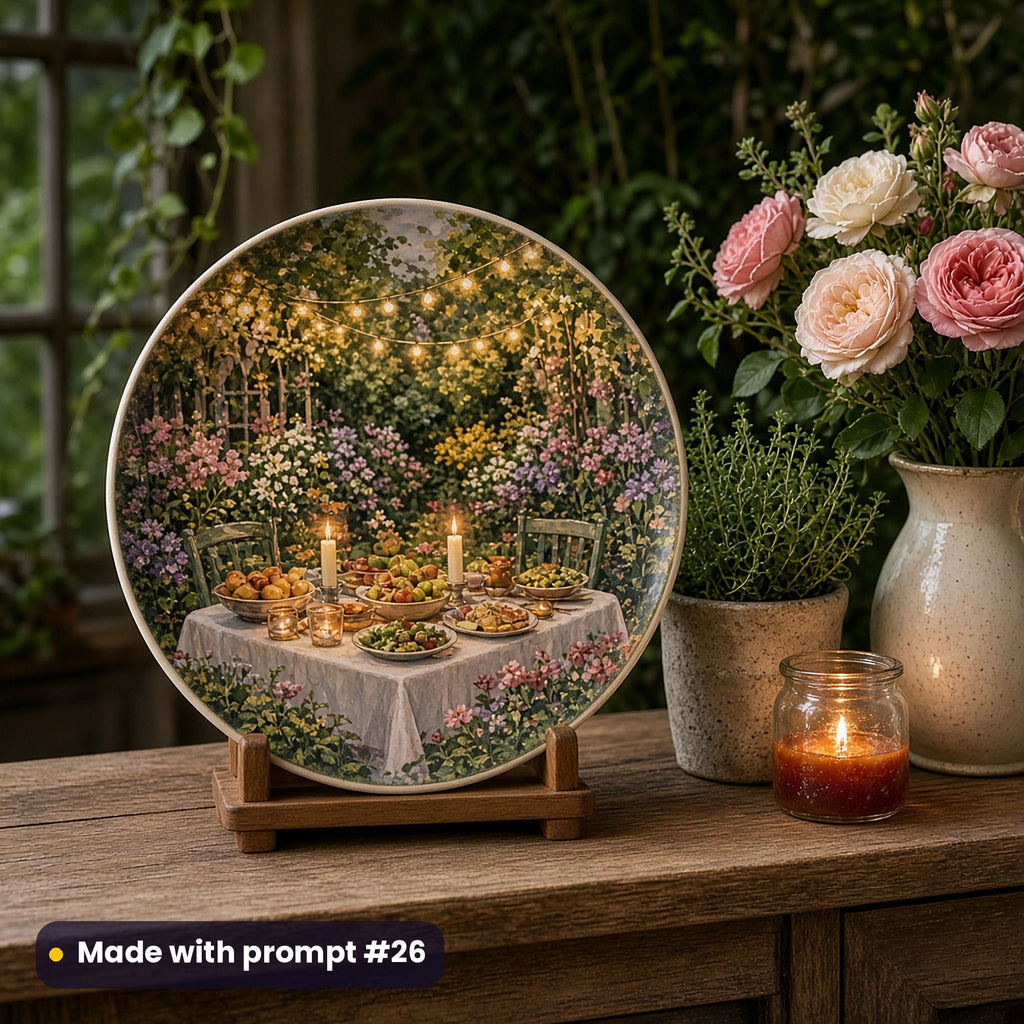 Round plate painted with a garden supper table under string lights among flowers and candles, on a wooden stand beside a herb pot, a jar candle and garden roses, made with prompt #26