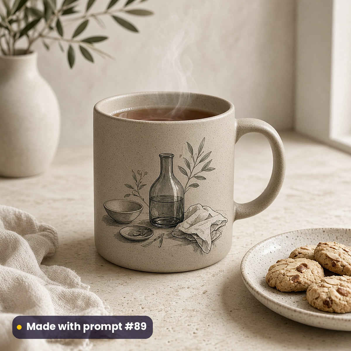 Stone-coloured mug with a minimal vector sketch of a smoked glass carafe, bowls, linen and olive sprigs, steaming on a limestone counter with almond biscuits, made with prompt #89