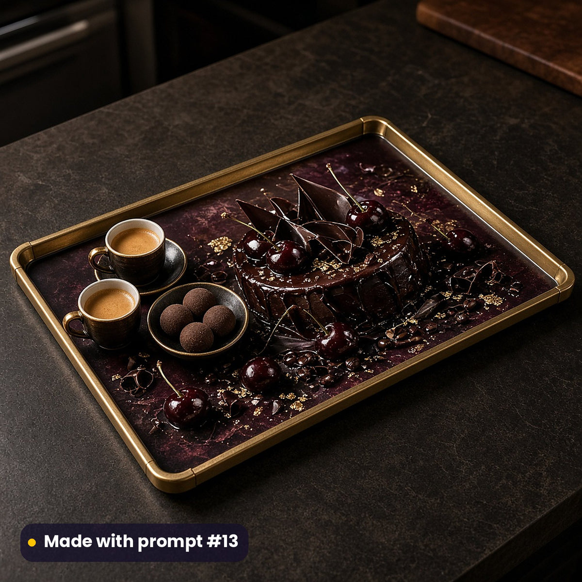 Brass-rimmed tray printed with a dark chocolate cake, cherries and gold flecks on burgundy, holding two espressos and chocolate truffles on a dark kitchen island, made with prompt #13