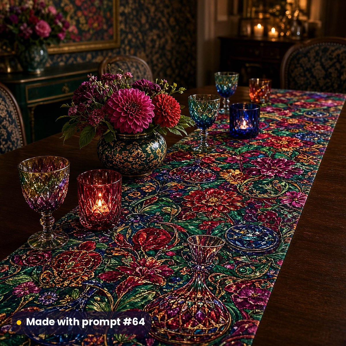 Long table runner printed with a maximalist pattern of jewel glassware and florals, on a dark dining table with coloured glass candle holders, goblets and dahlias, made with prompt #64