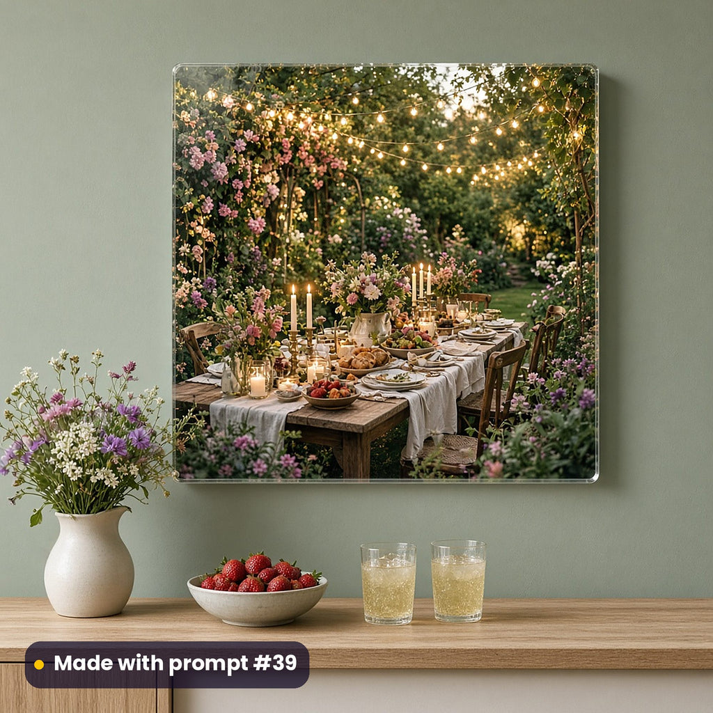 Acrylic wall art of a candlelit garden supper table under string lights among roses and flowers, on a sage kitchen wall above strawberries, wildflowers and elderflower cordial, made with prompt #39
