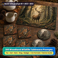 Woodland tableware on a dark oak table: square coasters printed with a red fox in copper ferns, round coasters printed with an owl under a full moon and a placemat printed with a stag in mossy ancient woodland, beside a teapot, pine cones and hazelnuts, made with prompt #1 + #22 + #63