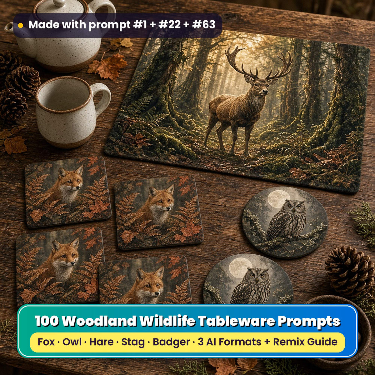 Woodland tableware on a dark oak table: square coasters printed with a red fox in copper ferns, round coasters printed with an owl under a full moon and a placemat printed with a stag in mossy ancient woodland, beside a teapot, pine cones and hazelnuts, made with prompt #1 + #22 + #63