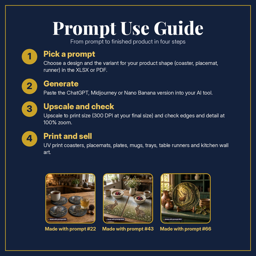 Prompt Use Guide in four steps: pick a prompt, generate, upscale and check, print and sell, with example products made with prompt #22, prompt #43, prompt #66