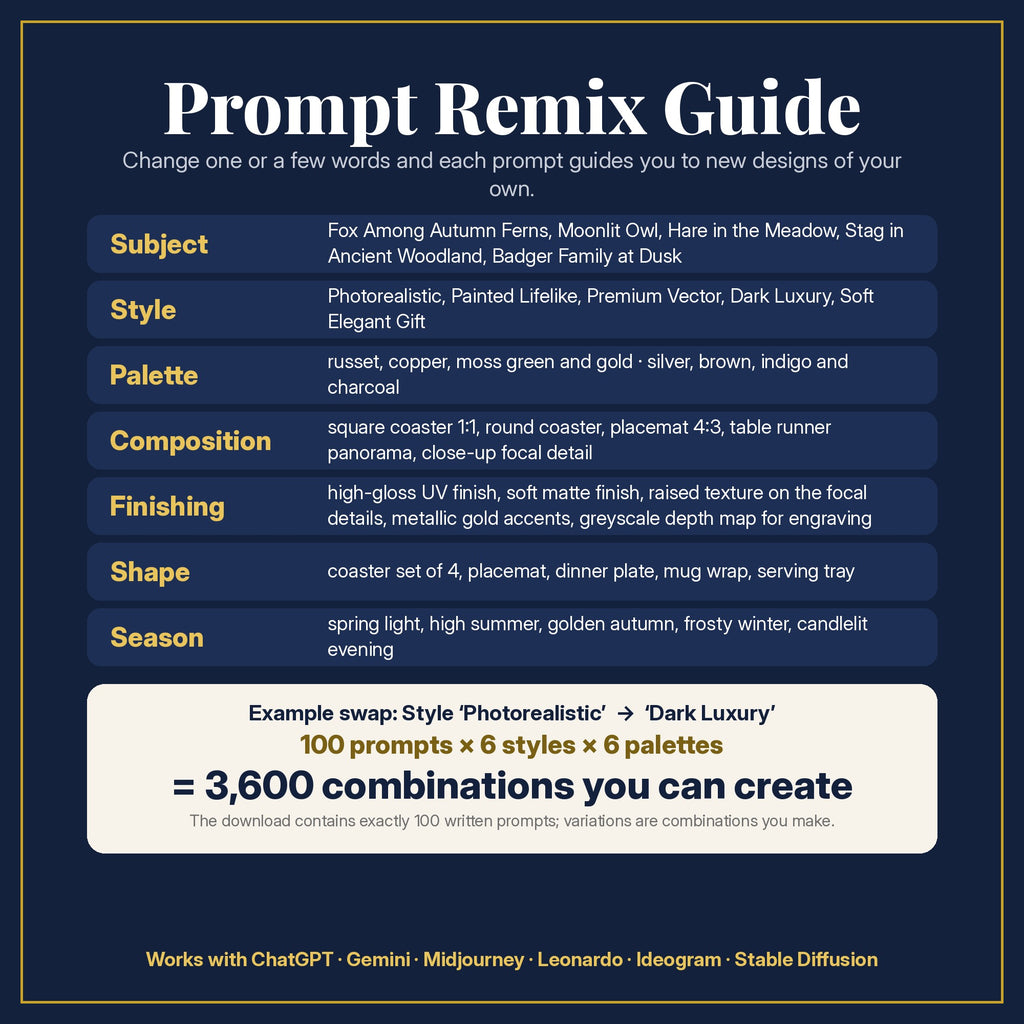 Prompt Remix Guide: change subject, style, palette, composition, finishing, shape and season; 100 prompts × 6 styles × 6 palettes = 3,600 combinations you can create