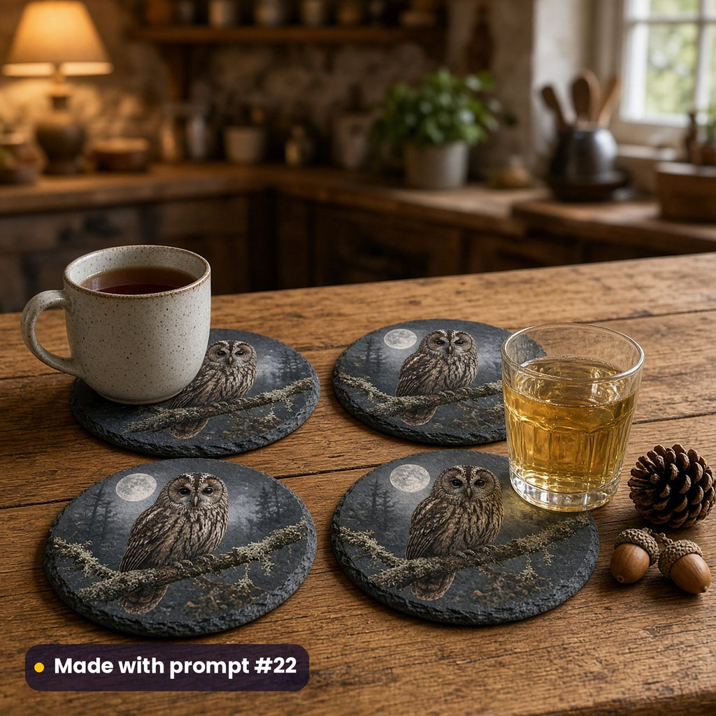 Four round slate coasters printed with a tawny owl on a lichen branch beneath the moon, with tea and a glass of cider on a pine kitchen counter beside pine cones and acorns, made with prompt #22