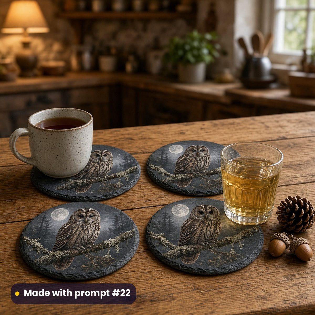Four round slate coasters printed with a tawny owl on a lichen branch beneath the moon, with tea and a glass of cider on a pine kitchen counter beside pine cones and acorns, made with prompt #22