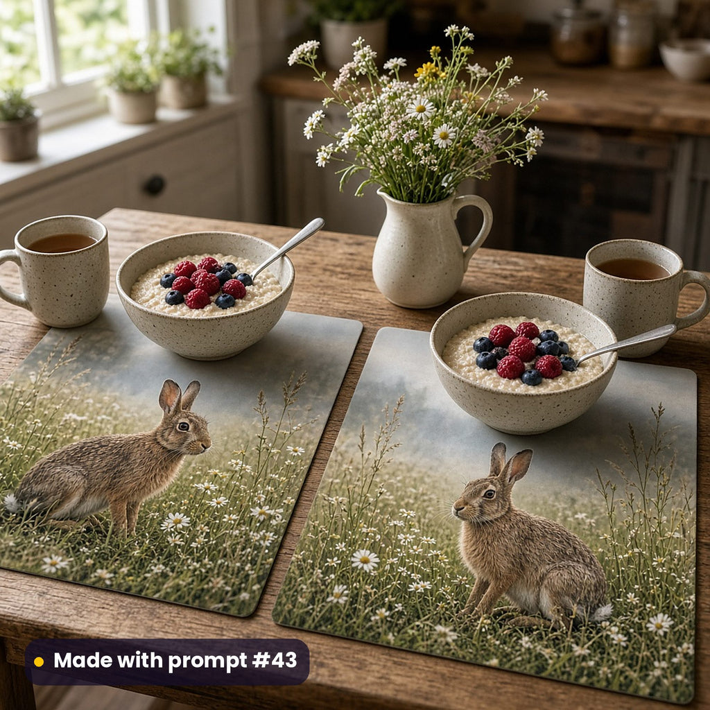 Two placemats printed with a brown hare among grasses and daisies in morning mist, laid with porridge and berries, mugs of tea and a jug of meadow flowers, made with prompt #43