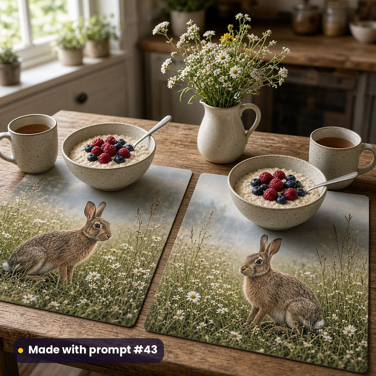 Two placemats printed with a brown hare among grasses and daisies in morning mist, laid with porridge and berries, mugs of tea and a jug of meadow flowers, made with prompt #43