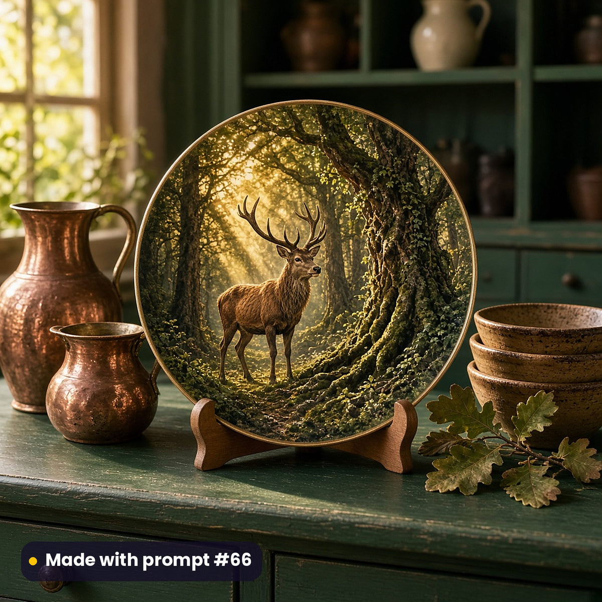 Round plate painted with a stag in ancient woodland among mossy roots and golden light, on a green dresser beside copper jugs, earthenware bowls and oak leaves, made with prompt #66