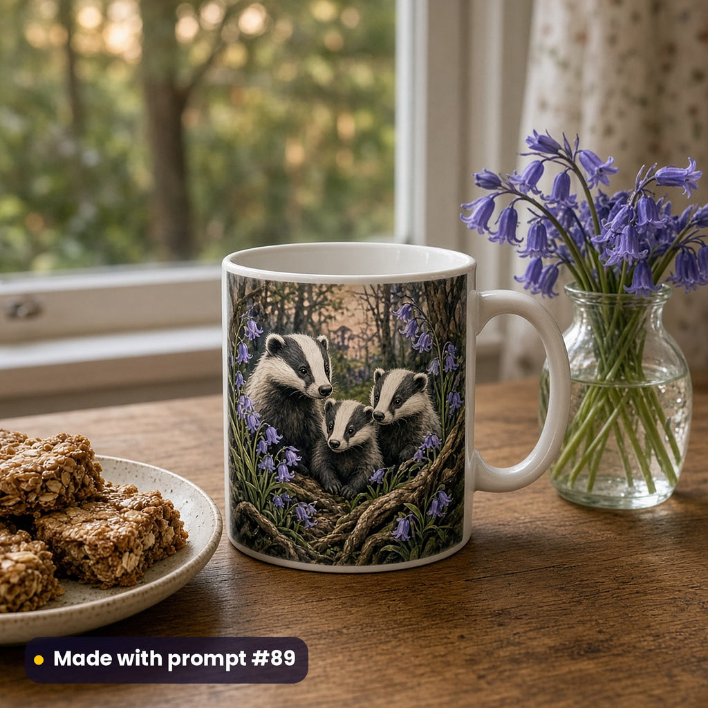 White mug with a vector print of a badger family among bluebells and tree roots, beside flapjacks and a vase of bluebells at a woodland-view window, made with prompt #89