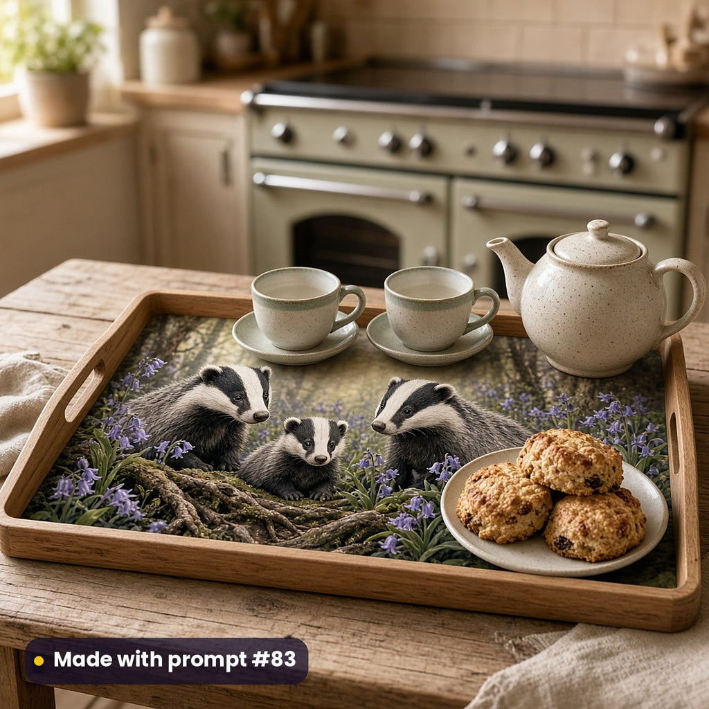 Wooden serving tray printed with a badger family beside bluebells and roots, holding a teapot, two cups and fruit scones in a country kitchen with a range cooker, made with prompt #83