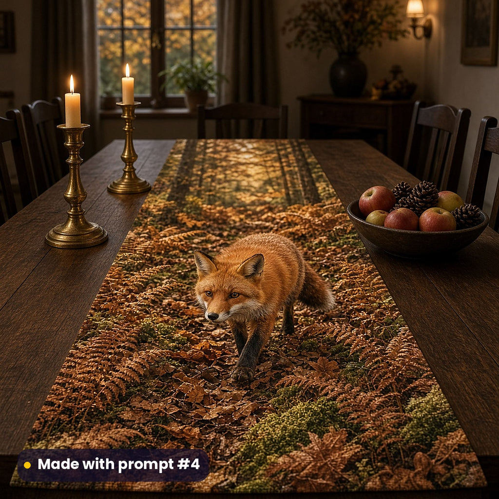 Long table runner printed with a red fox walking through copper ferns and fallen leaves, on a dark oak dining table with brass candlesticks and a bowl of apples and pine cones, made with prompt #4