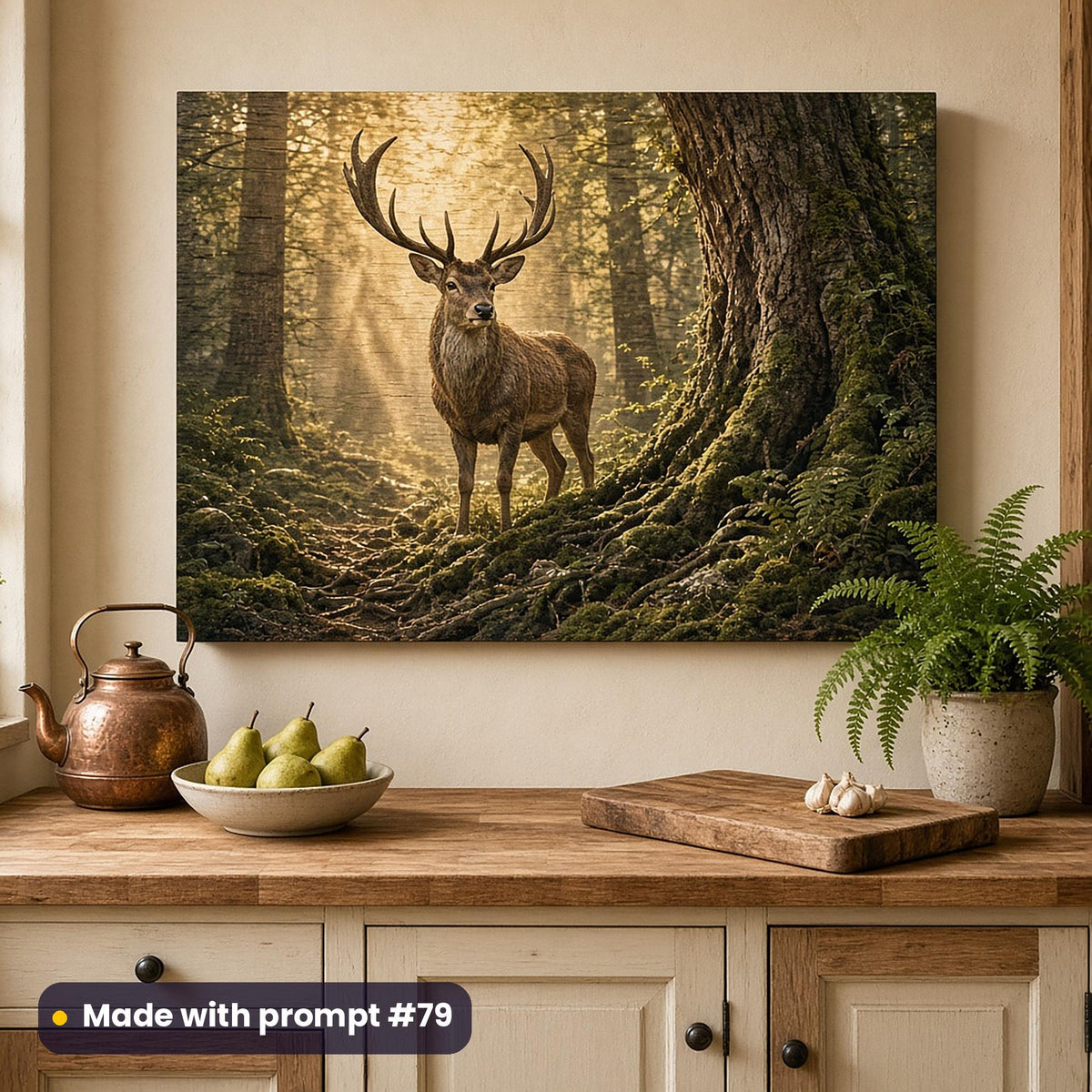 Wooden wall art panel of a stag beneath a huge mossy tree in shafts of golden light, above a butcher-block counter with a copper kettle, pears and a fern, made with prompt #79