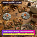 Woodland tableware on an oak farmhouse table: square coasters printed with a red squirrel among hazelnuts and autumn leaves, round coasters printed with a robin on frosted berries and snowy pine, and a placemat printed with a hedgehog among moss, red toadstools and acorns, beside a stoneware teapot, tea, hazelnuts and pine cones, made with prompt #1 + #42 + #63