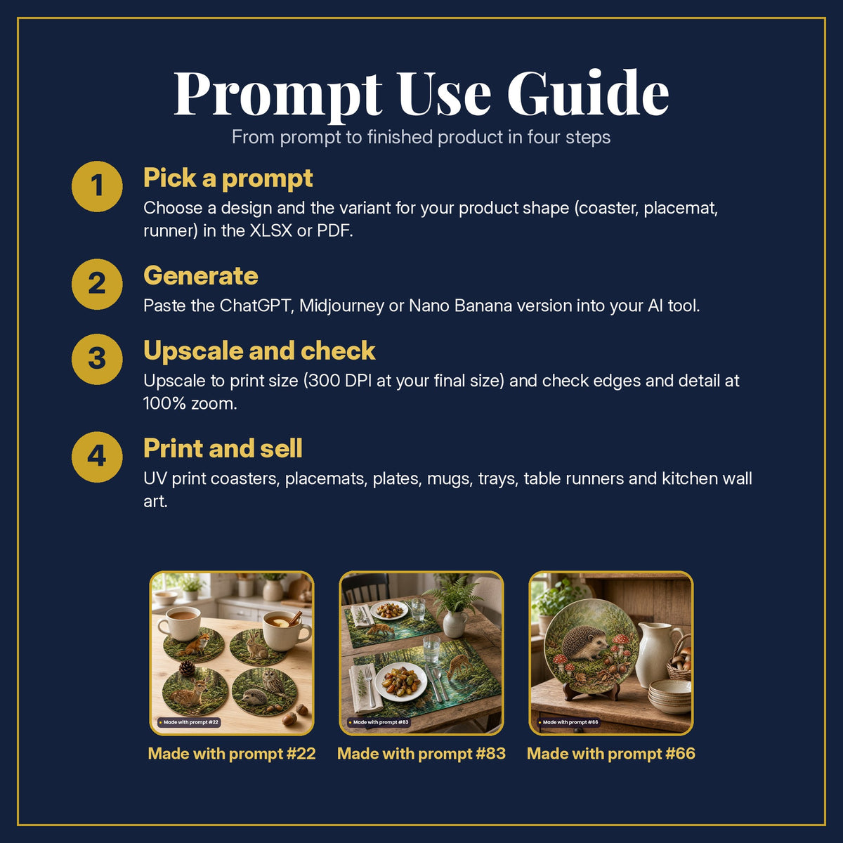 Prompt Use Guide in four steps: pick a prompt, generate, upscale and check, print and sell, with example products made with prompt #22, prompt #83, prompt #66