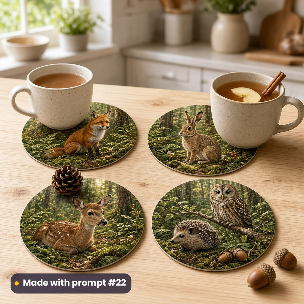Four round coasters printed with a fox, a hare, a deer, an owl and a hedgehog in layered woodland, with tea and hot apple juice on a pale pine kitchen table, a pine cone and acorns, made with prompt #22