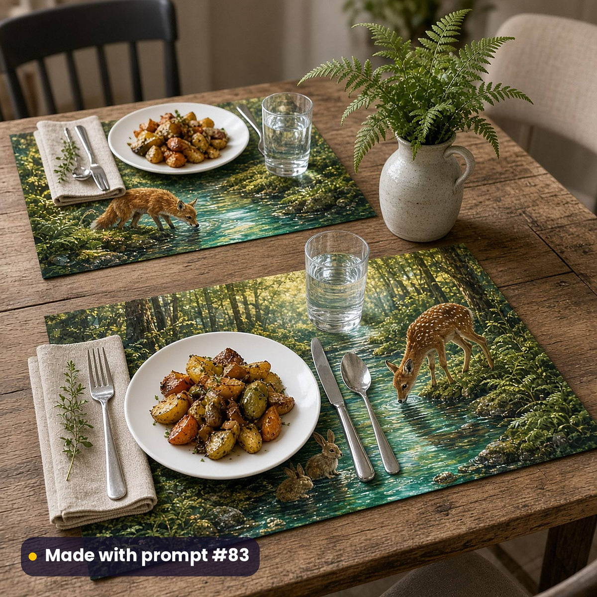 Two placemats printed with a deer, a fox and rabbits drinking at an emerald woodland stream, laid with roast vegetables, water glasses, linen napkins and a jug of ferns, made with prompt #83
