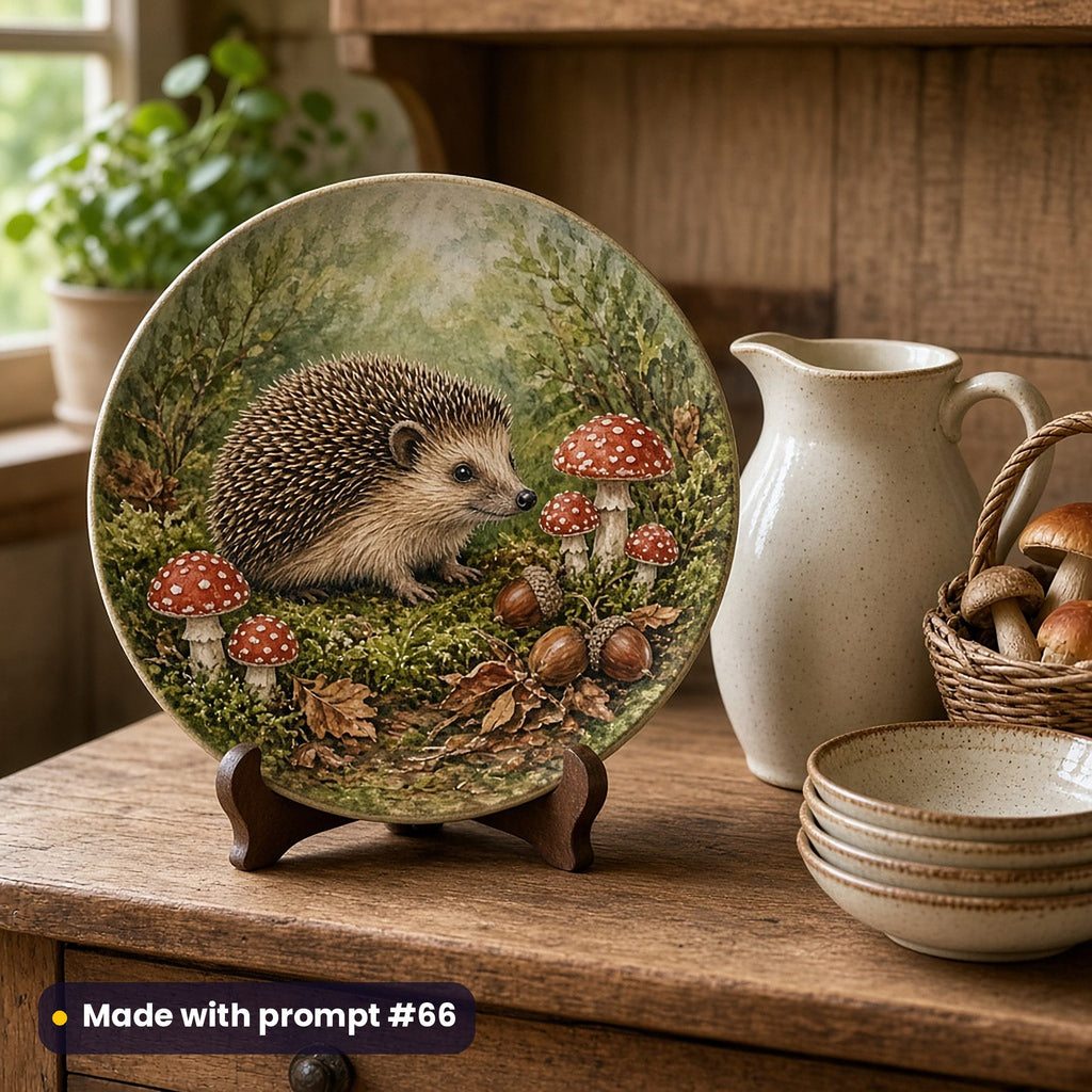 Round plate painted with a hedgehog among moss, red toadstools and acorns, on a stand on a wooden dresser beside a cream jug, a basket of mushrooms and stoneware bowls, made with prompt #66