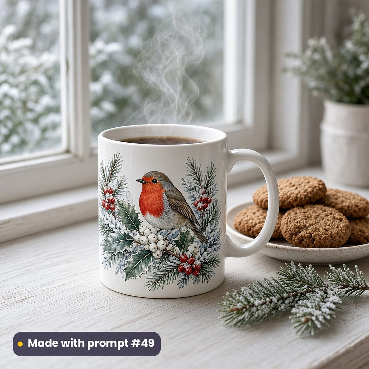 White mug with a vector robin perched on frosted holly, berries and snowy pine, steaming on a white windowsill with ginger biscuits and a frosted pine sprig, made with prompt #49