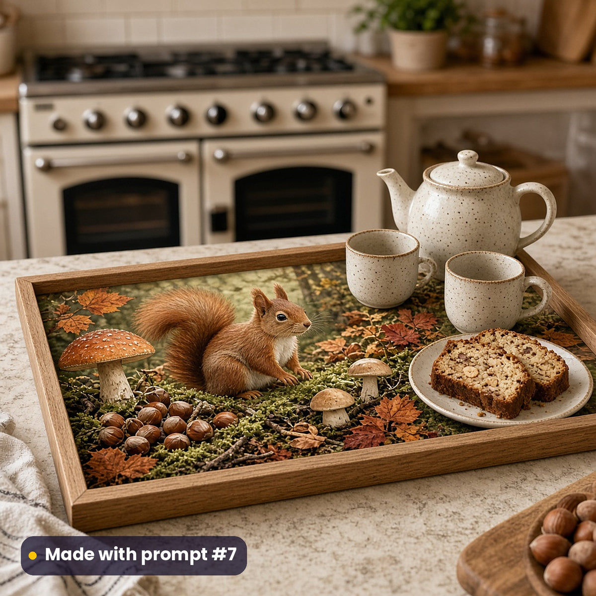 Wooden serving tray painted with a red squirrel among hazelnuts, mushrooms and orange autumn leaves, holding a teapot, two cups and hazelnut cake in a kitchen with a cream range cooker, made with prompt #7