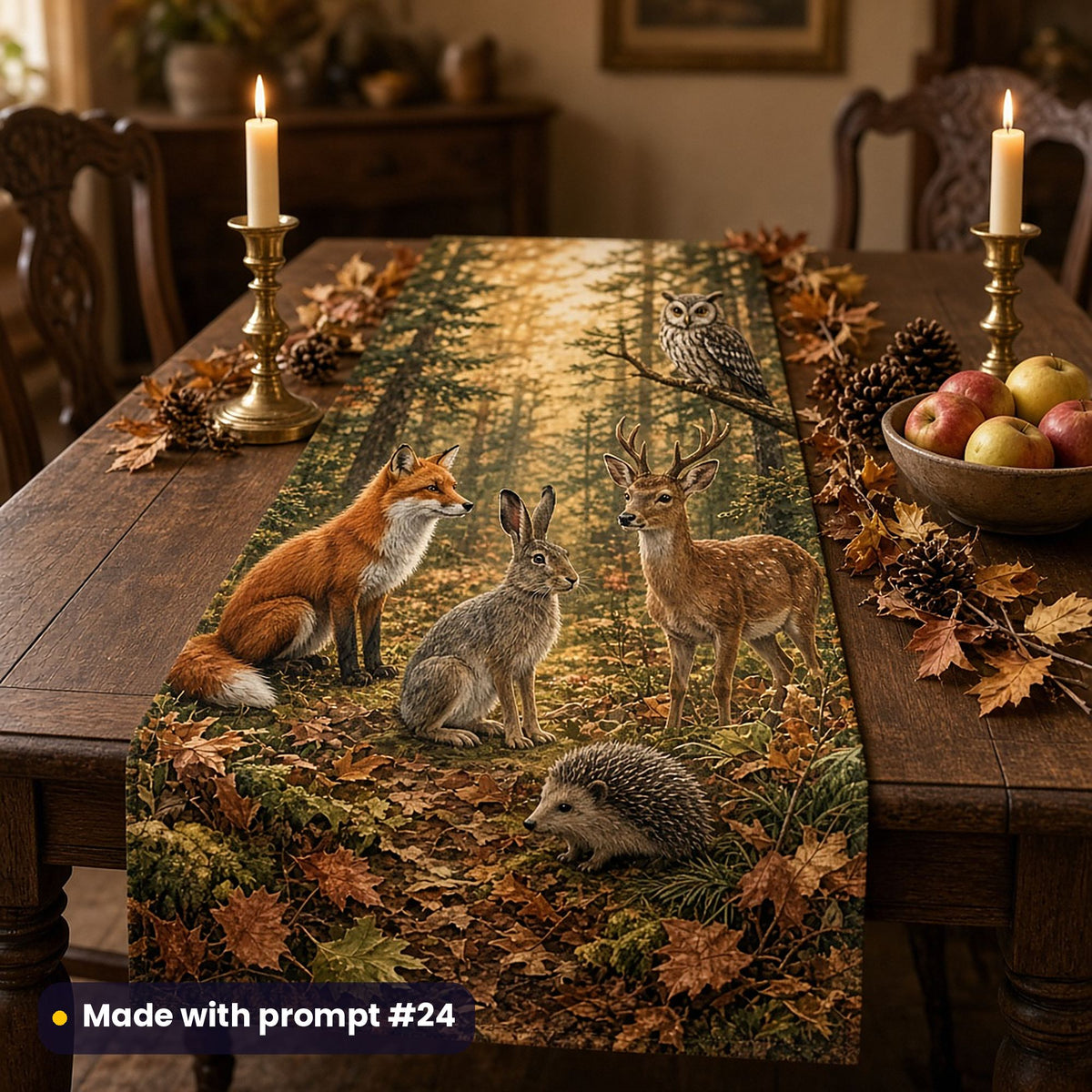 Long table runner printed with a fox, hare, deer, owl and hedgehog gathered in an autumn forest, on a dark oak dining table with brass candlesticks, apples, pine cones and autumn leaves, made with prompt #24