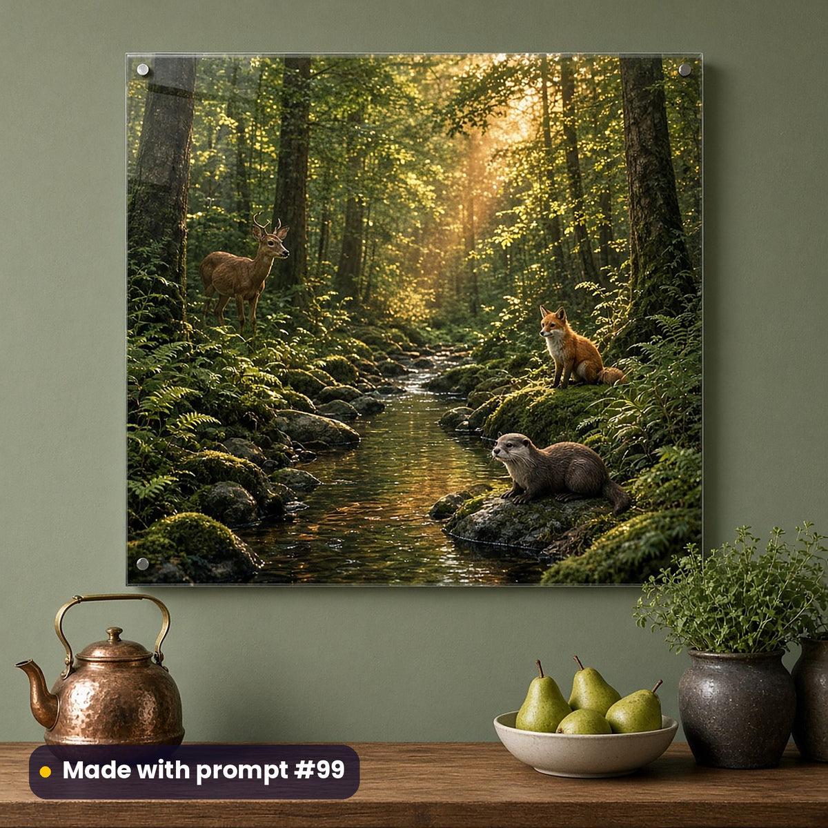 Acrylic wall art of a deer, a fox and an otter beside a golden-lit woodland stream, on a sage green kitchen wall above a copper kettle, pears and potted herbs, made with prompt #99