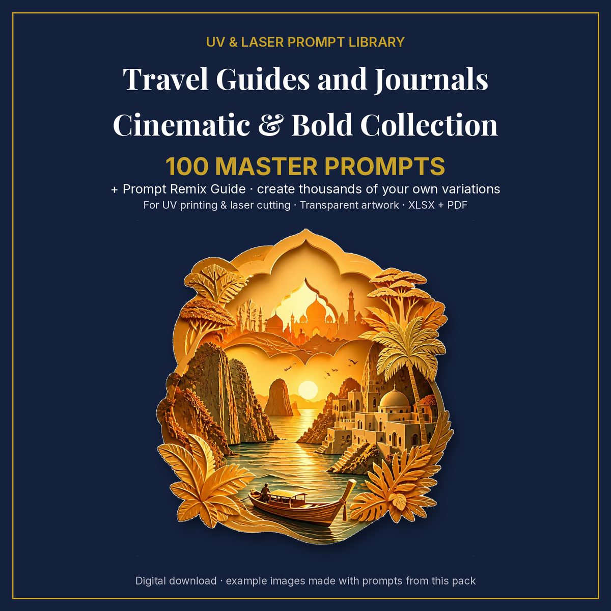 Cover: Travel Guides and Journals Cinematic & Bold Collection, 100 master prompts + Prompt Remix Guide