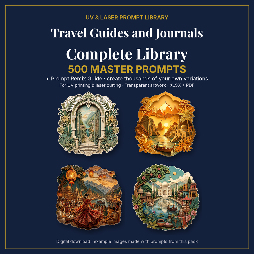 Cover: Travel Guides and Journals Complete Library, 500 master prompts + Prompt Remix Guide