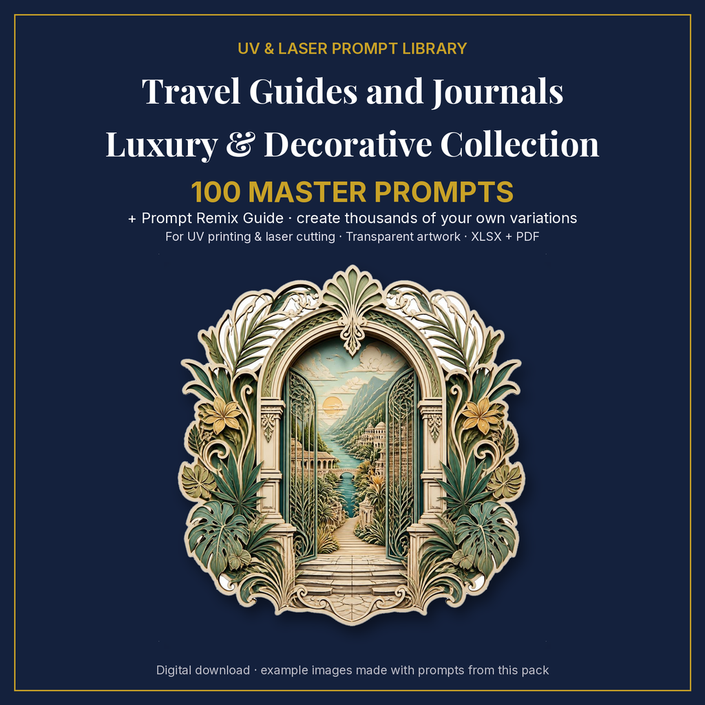 Cover: Travel Guides and Journals Luxury & Decorative Collection, 100 master prompts + Prompt Remix Guide