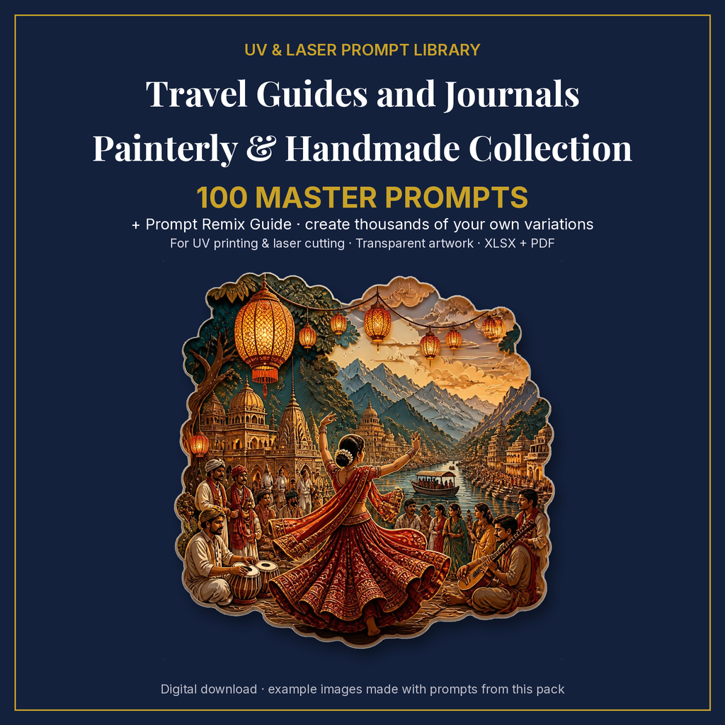 Cover: Travel Guides and Journals Painterly & Handmade Collection, 100 master prompts + Prompt Remix Guide