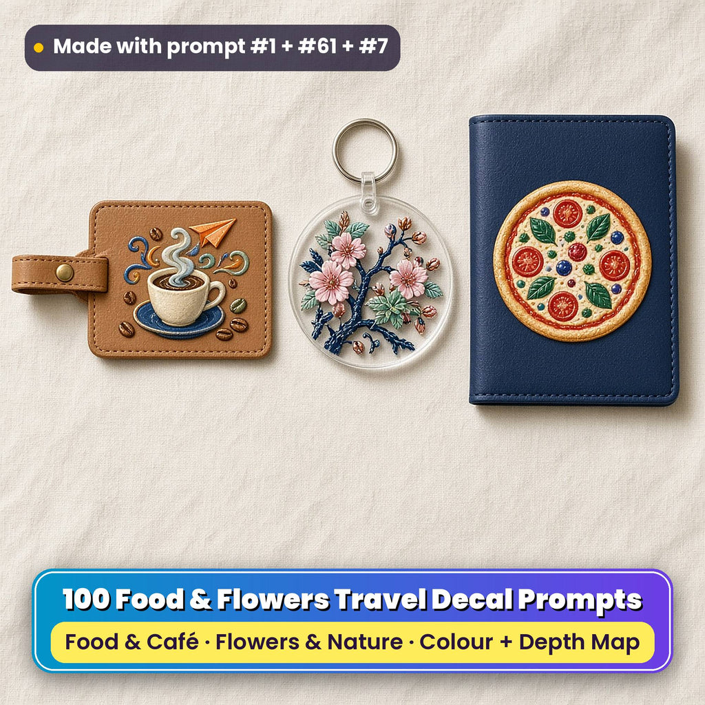 Three UV-printed travel accessories on cream linen: a tan leather luggage tag with an unbranded coffee cup and paper plane, a clear acrylic key ring with a cherry blossom branch and a navy passport cover with a storybook pizza, made with prompt #1 + #61 + #7