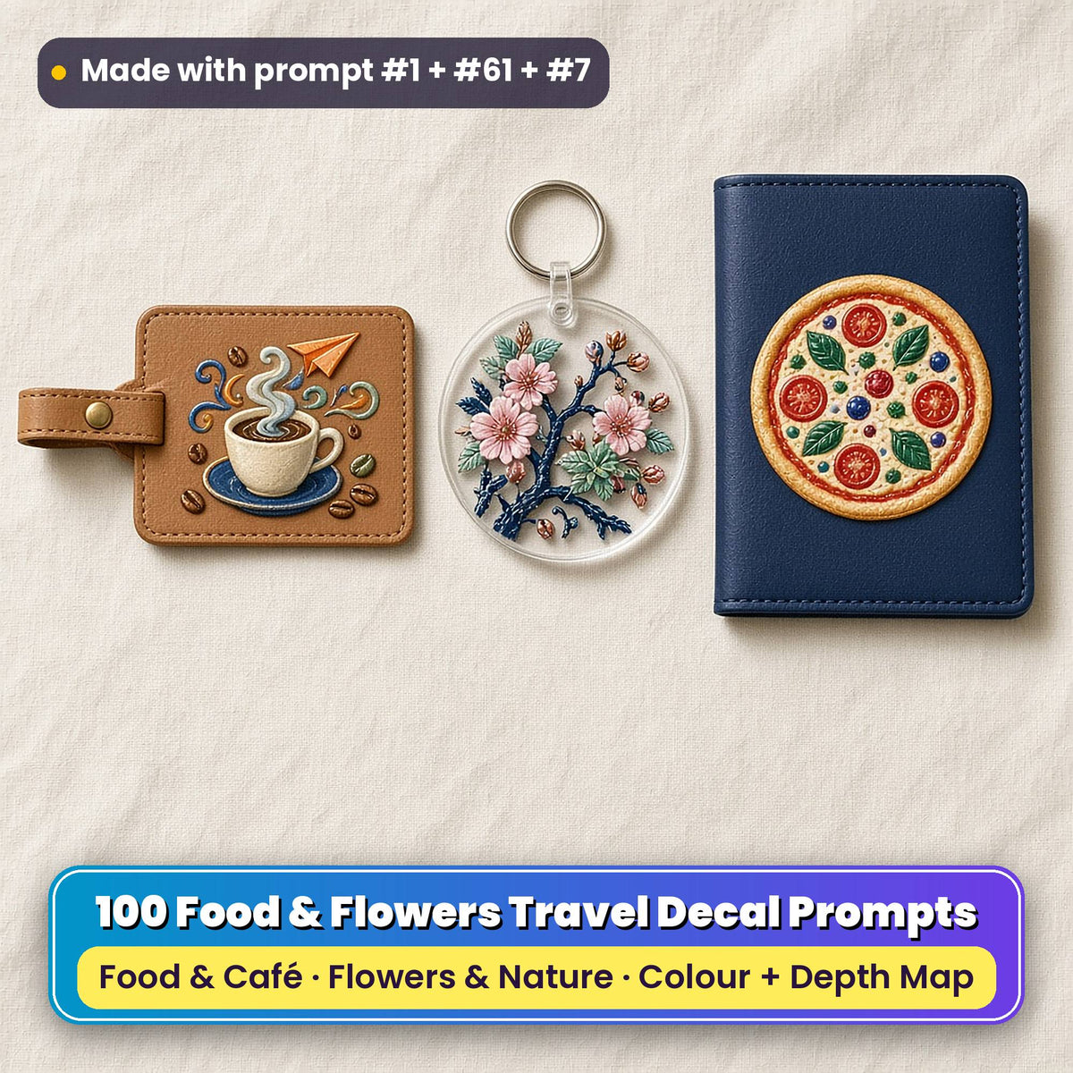Three UV-printed travel accessories on cream linen: a tan leather luggage tag with an unbranded coffee cup and paper plane, a clear acrylic key ring with a cherry blossom branch and a navy passport cover with a storybook pizza, made with prompt #1 + #61 + #7