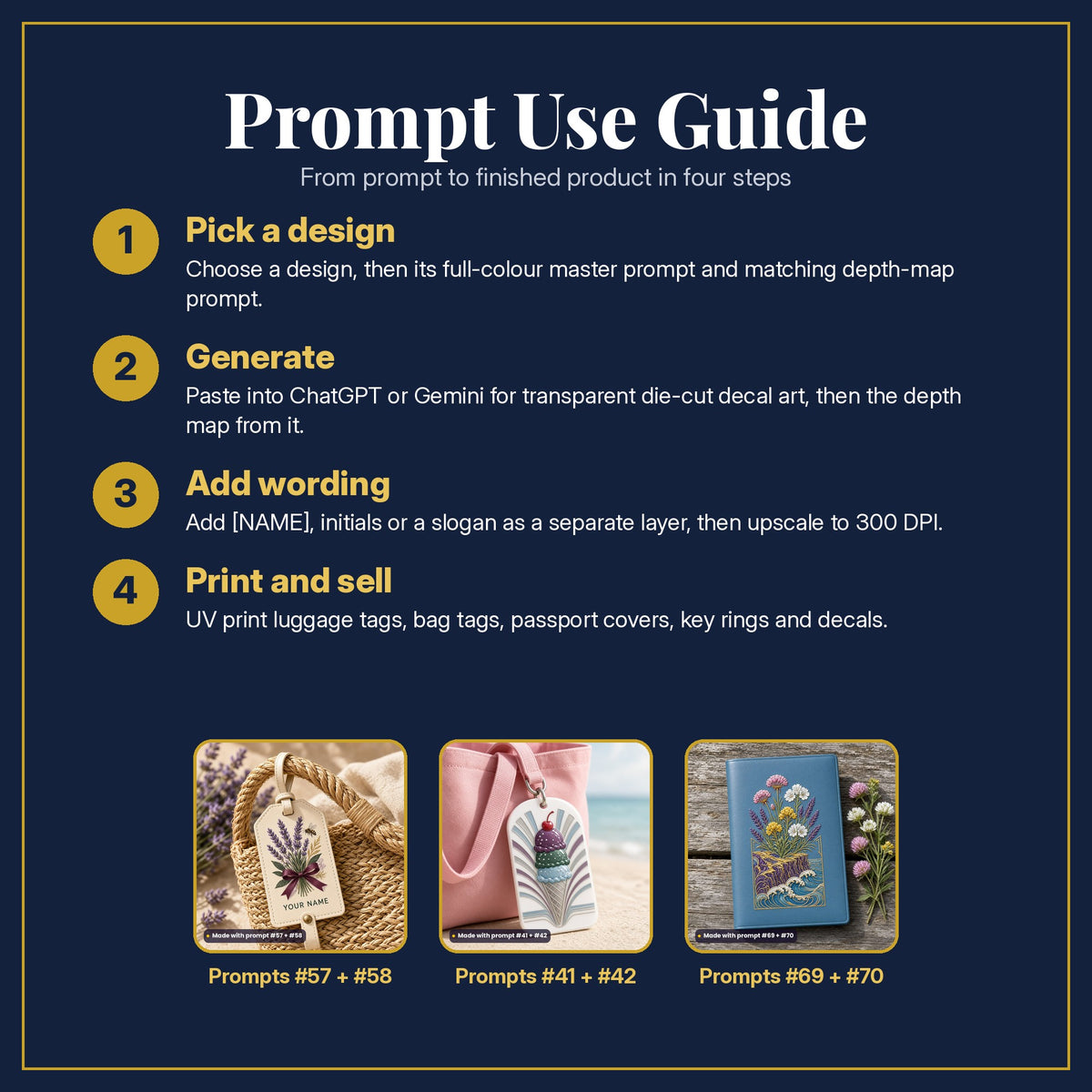 Prompt Use Guide in four steps: pick a design, generate, add wording, print and sell, with example products made with prompt #57, prompt #58, prompt #41, prompt #42, prompt #69, prompt #70
