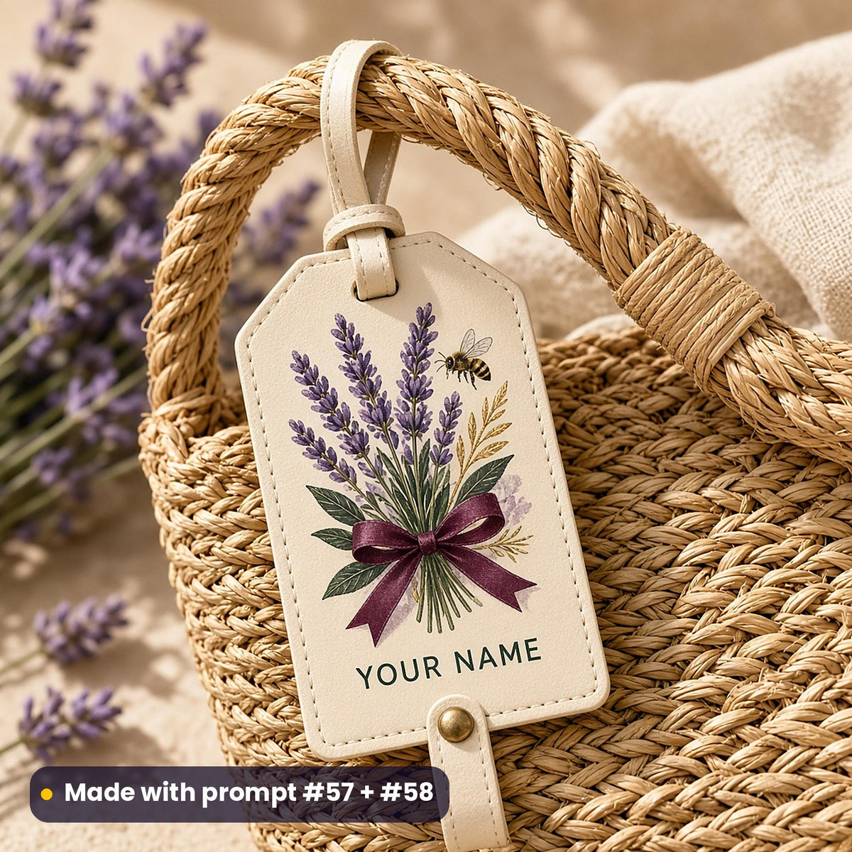 Cream leather luggage tag on a straw holdall, UV printed with lavender sprigs tied with a burgundy ribbon and a small bee, with YOUR NAME placeholder text, made with prompt #57 + #58