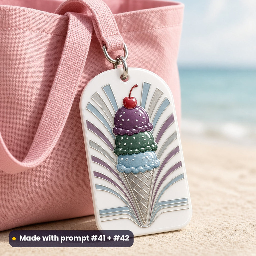White acrylic bag tag on a pink beach bag, UV printed with an art-deco ice-cream cone with three scoops, a cherry and fan-shaped rays, made with prompt #41 + #42