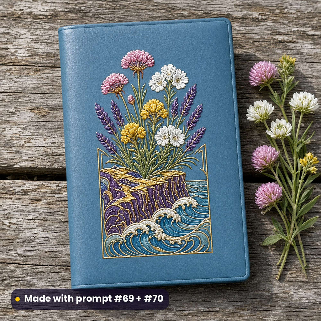 Plain sea-blue leather passport cover on a weathered bench, with an art-deco decal of clifftop wildflowers above stylised waves, made with prompt #69 + #70