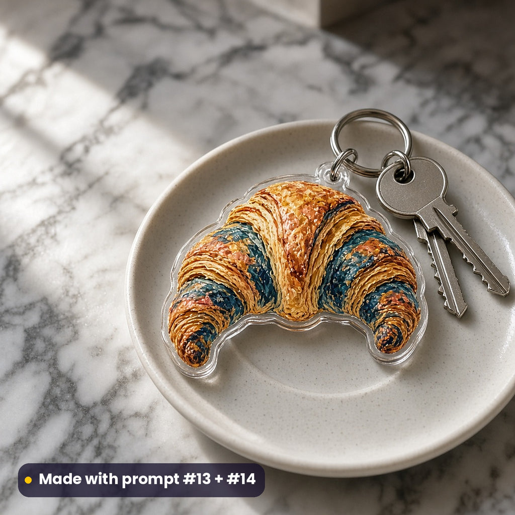 Die-cut acrylic croissant key ring on a café saucer with keys, on a marble table, made with prompt #13 + #14