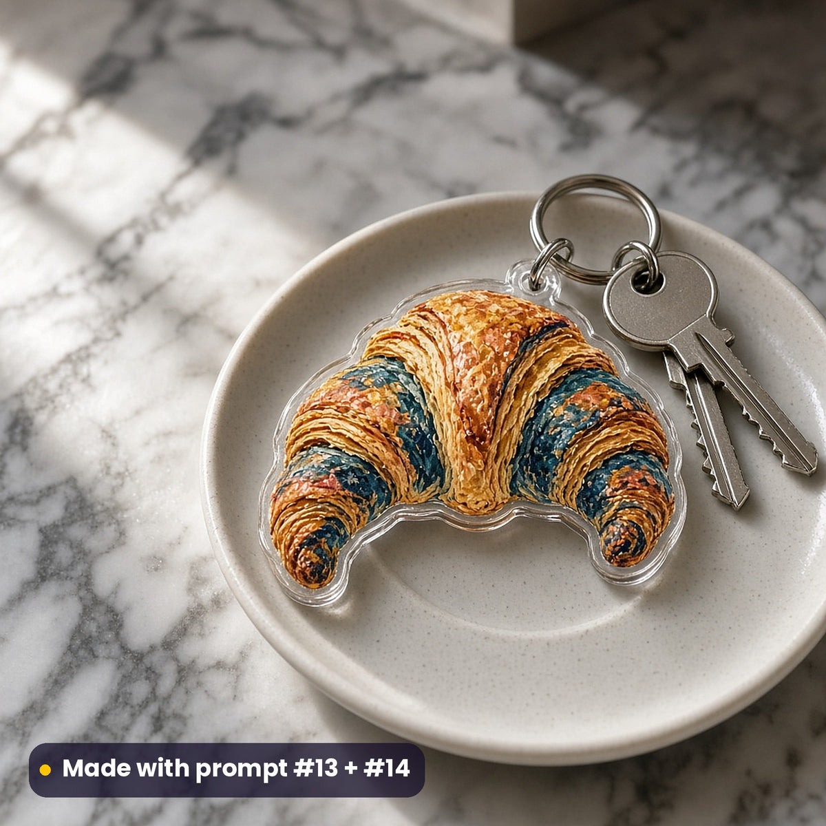 Die-cut acrylic croissant key ring on a café saucer with keys, on a marble table, made with prompt #13 + #14