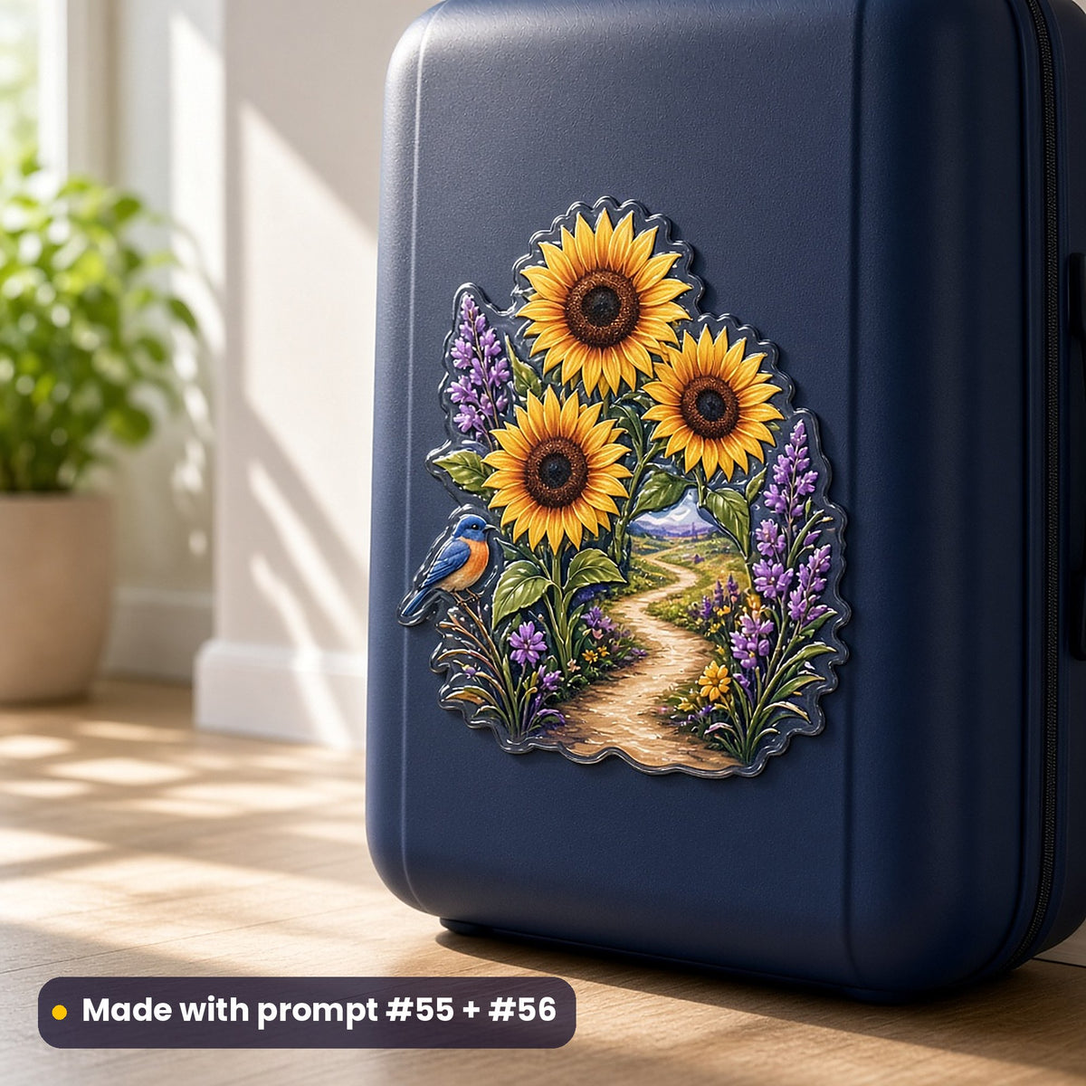 Navy hard-shell suitcase with a large die-cut decal of sunflowers, lavender, a bluebird and a winding country path, made with prompt #55 + #56