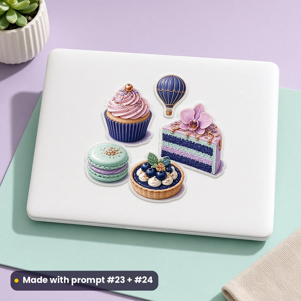 White laptop on a pastel desk with die-cut dessert decals: a cupcake, macarons, a slice of layer cake, a berry tart and a little hot-air balloon, made with prompt #23 + #24