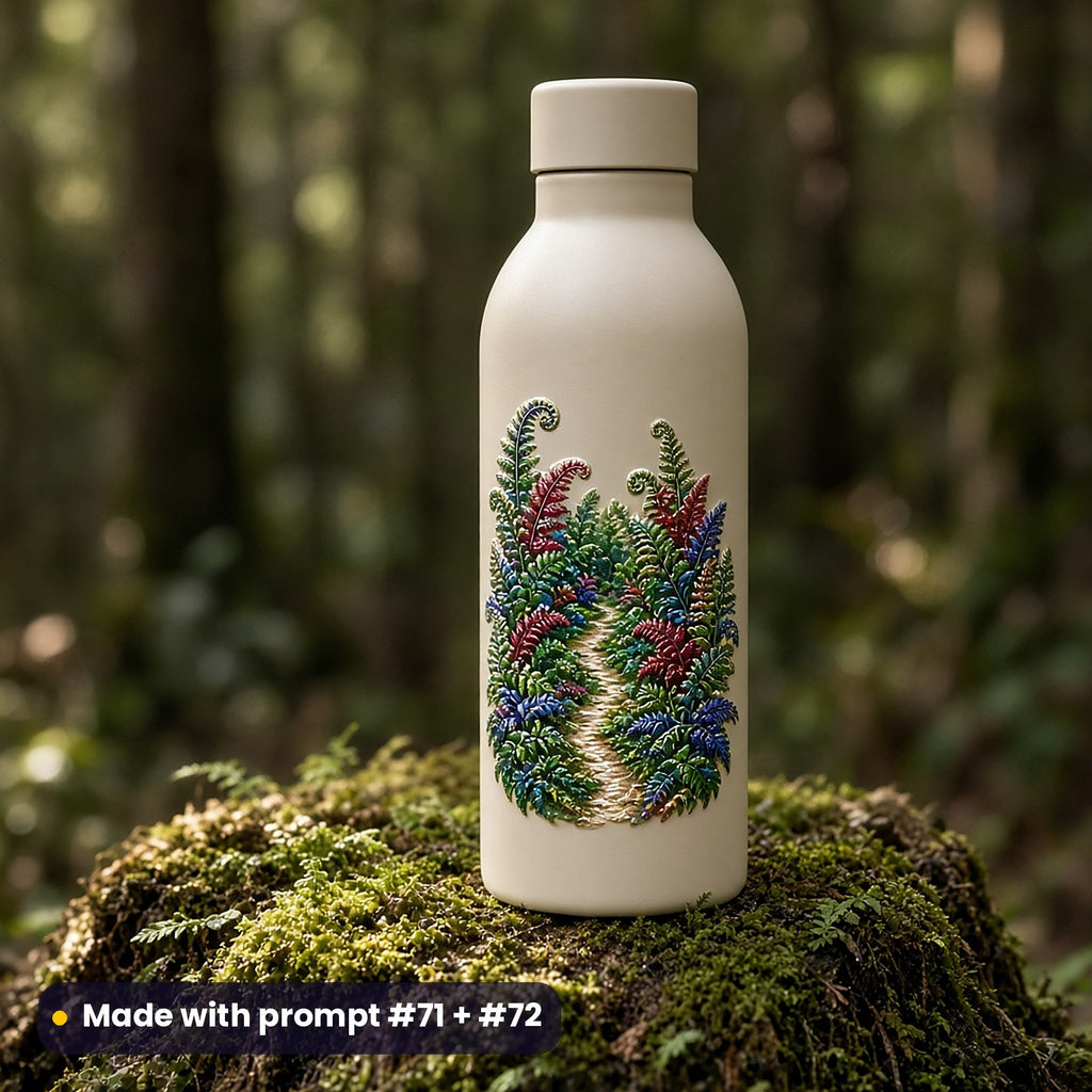 Cream steel water bottle on a mossy stump in a forest, with a die-cut decal of unfurling ferns around a woodland path, made with prompt #71 + #72
