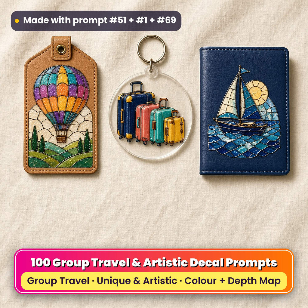 Three UV-printed travel accessories on cream linen: a tan leather luggage tag with a stained-glass hot-air balloon, a clear acrylic key ring with a family of four suitcases in a row and a navy passport cover with a mosaic sailing boat, made with prompt #51 + #1 + #69