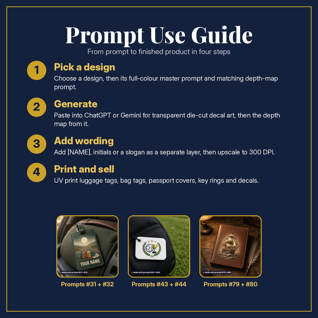 Prompt Use Guide in four steps: pick a design, generate, add wording, print and sell, with example products made with prompt #31, prompt #32, prompt #43, prompt #44, prompt #79, prompt #80