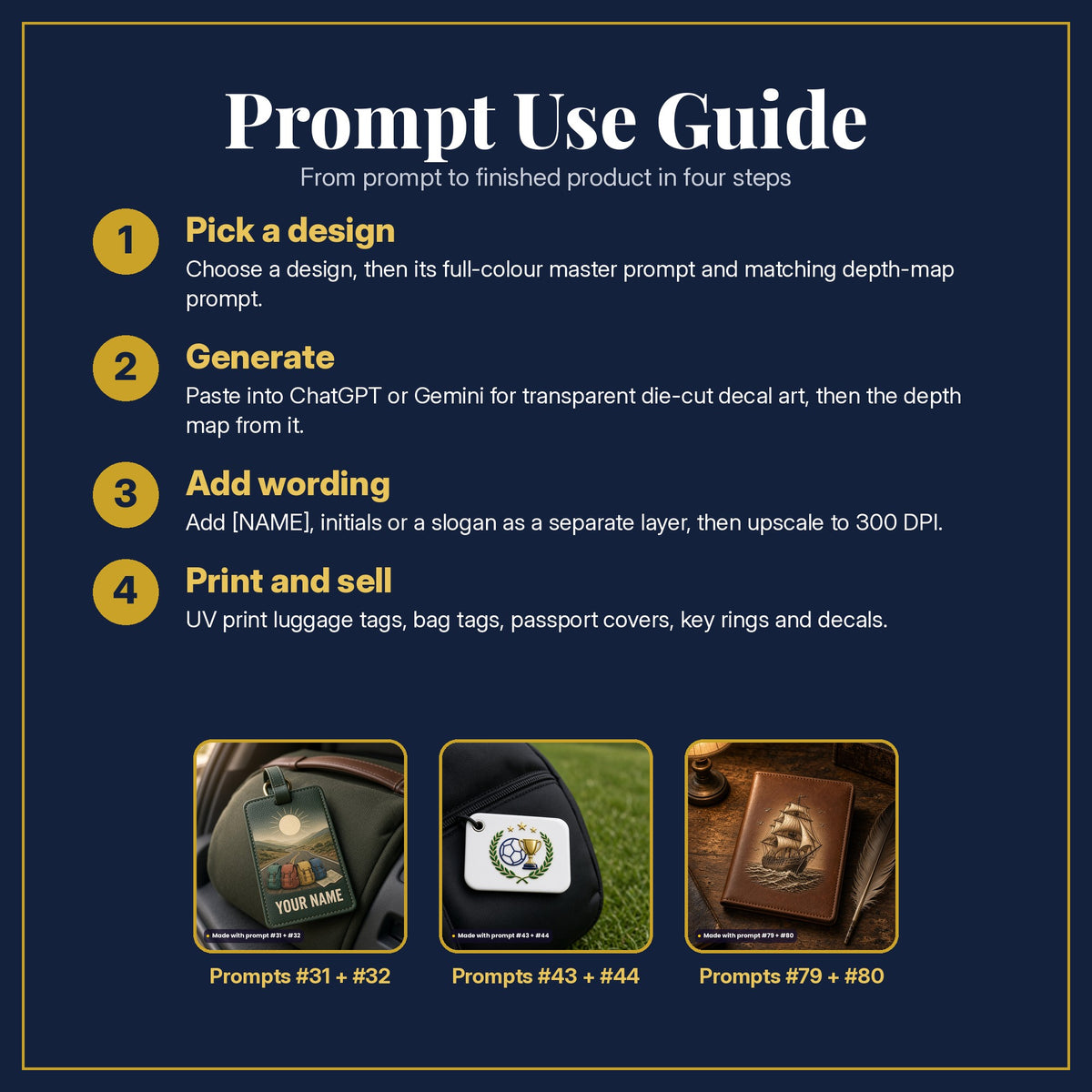 Prompt Use Guide in four steps: pick a design, generate, add wording, print and sell, with example products made with prompt #31, prompt #32, prompt #43, prompt #44, prompt #79, prompt #80