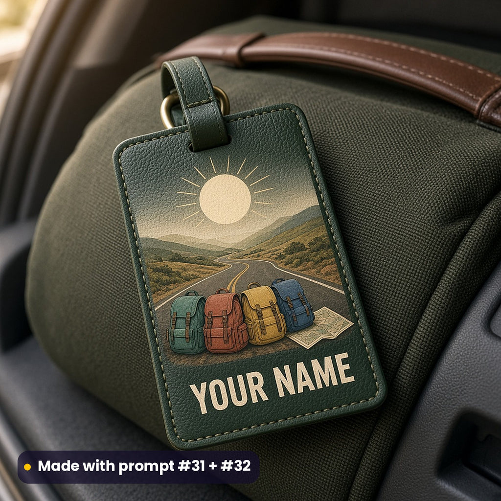 Dark green leather luggage tag on a holdall in a car boot, UV printed with a winding road, four colourful backpacks and a map, with YOUR NAME placeholder text, made with prompt #31 + #32