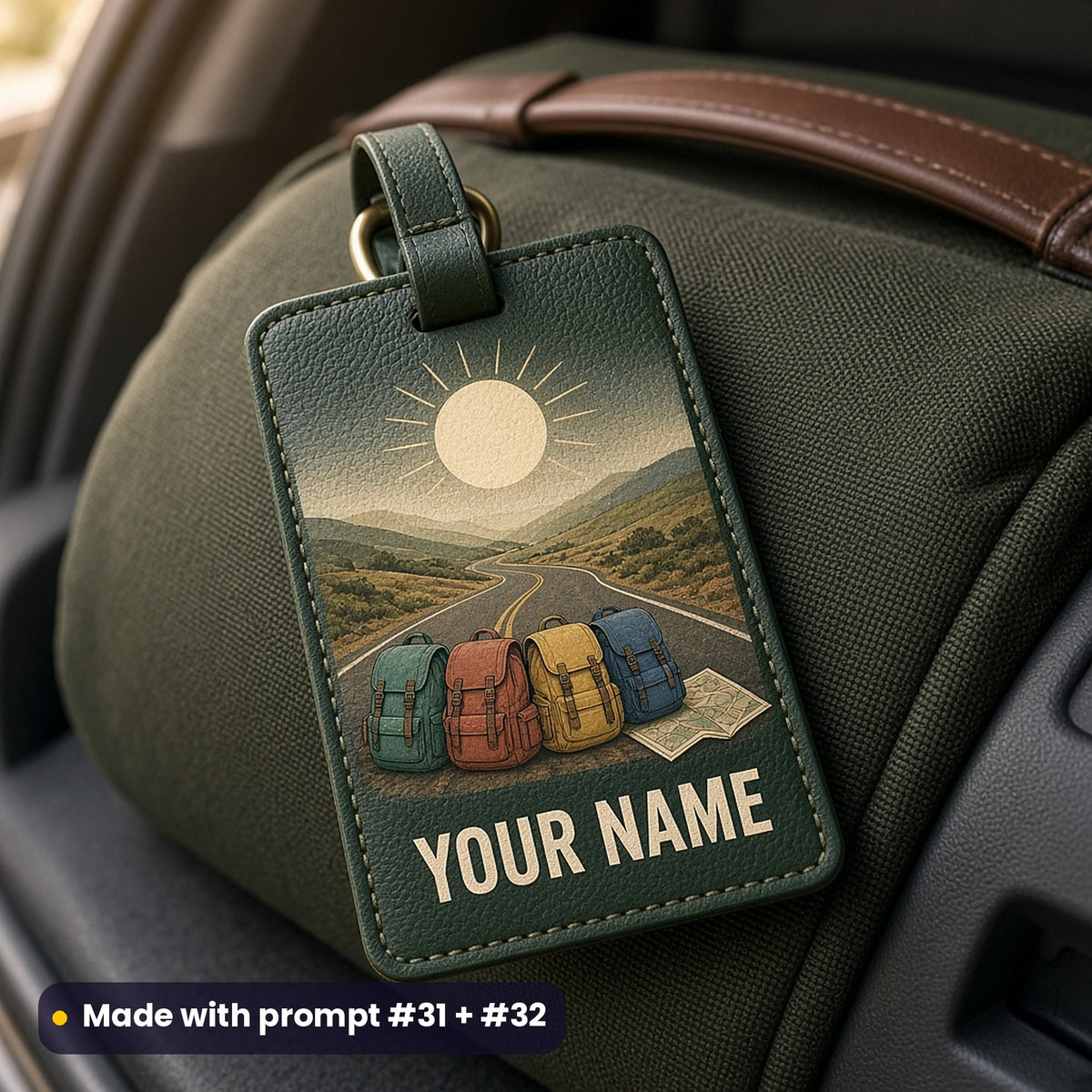 Dark green leather luggage tag on a holdall in a car boot, UV printed with a winding road, four colourful backpacks and a map, with YOUR NAME placeholder text, made with prompt #31 + #32