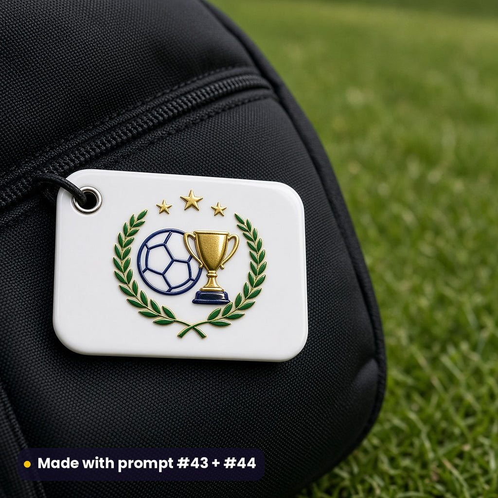 White acrylic bag tag on a black kit bag by a pitch, UV printed with a plain ball, a trophy, stars and a laurel wreath, with no club badge, made with prompt #43 + #44