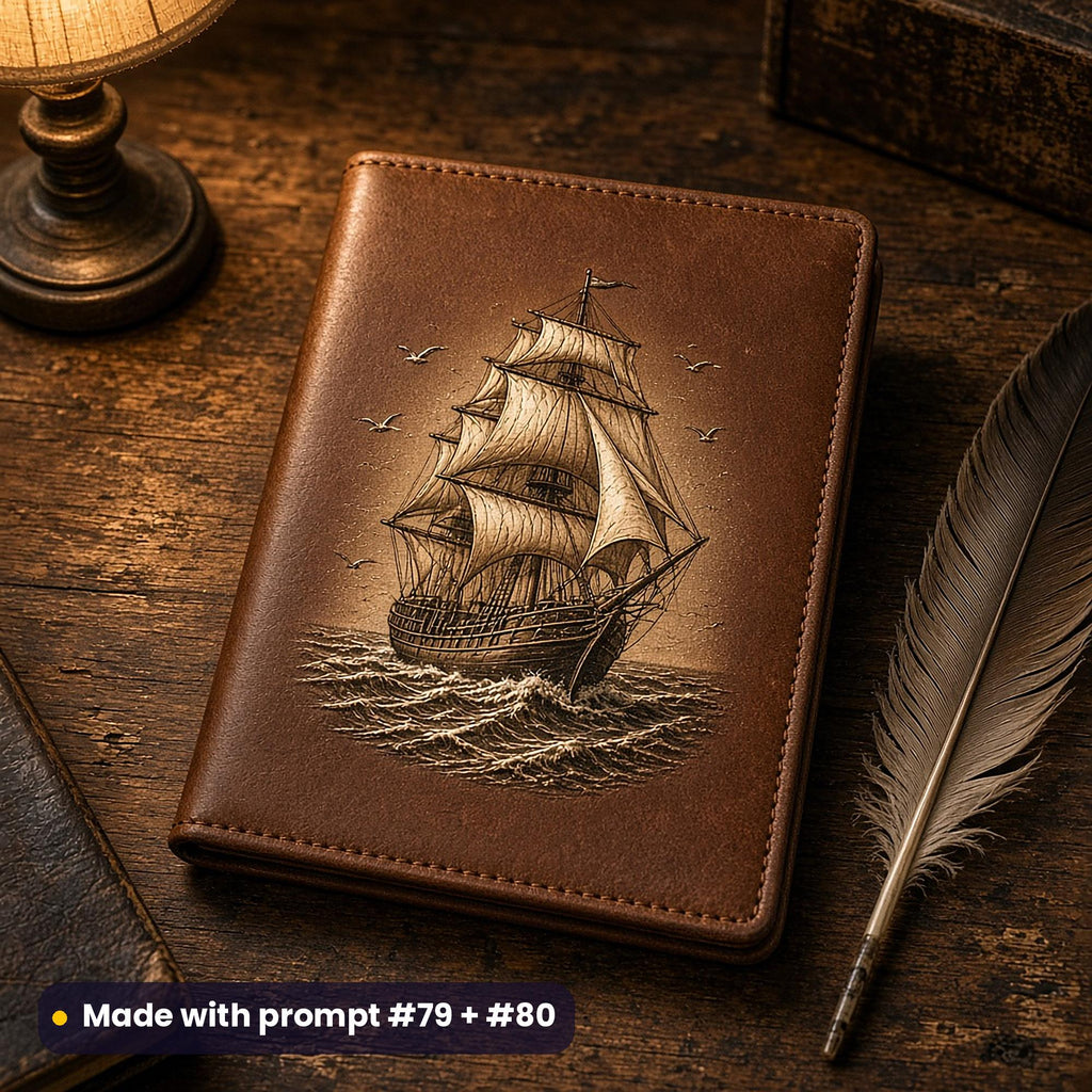 Plain brown leather passport cover on an old desk beside a quill, with a vintage-etching decal of an imagined tall ship on crosshatched waves, made with prompt #79 + #80
